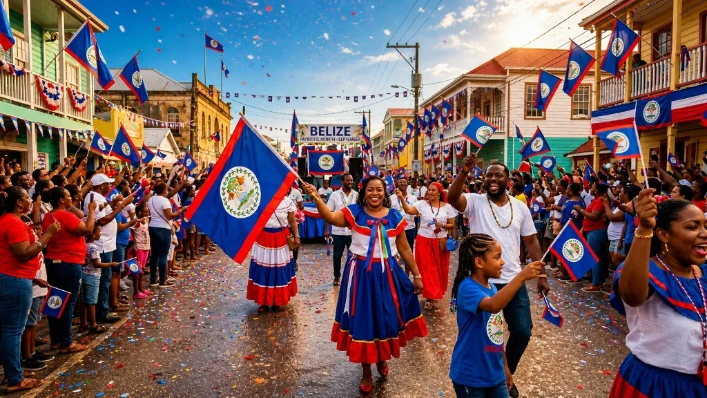 Belizeans waving the national flag during the Patriotic Month parade — a vibrant celebration of independence and unity