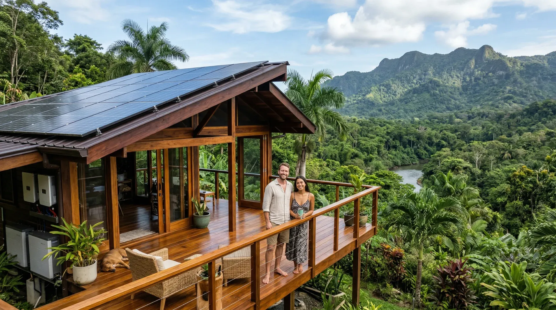 A luxury off-grid home in Belize featuring solar panels and modern sustainable architecture.